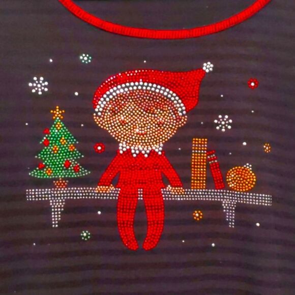 ELF on the SHELF Holiday Shirt Sparkly Black Stripe Stretch Cotton Tee Poly L - Picture 2 of 7